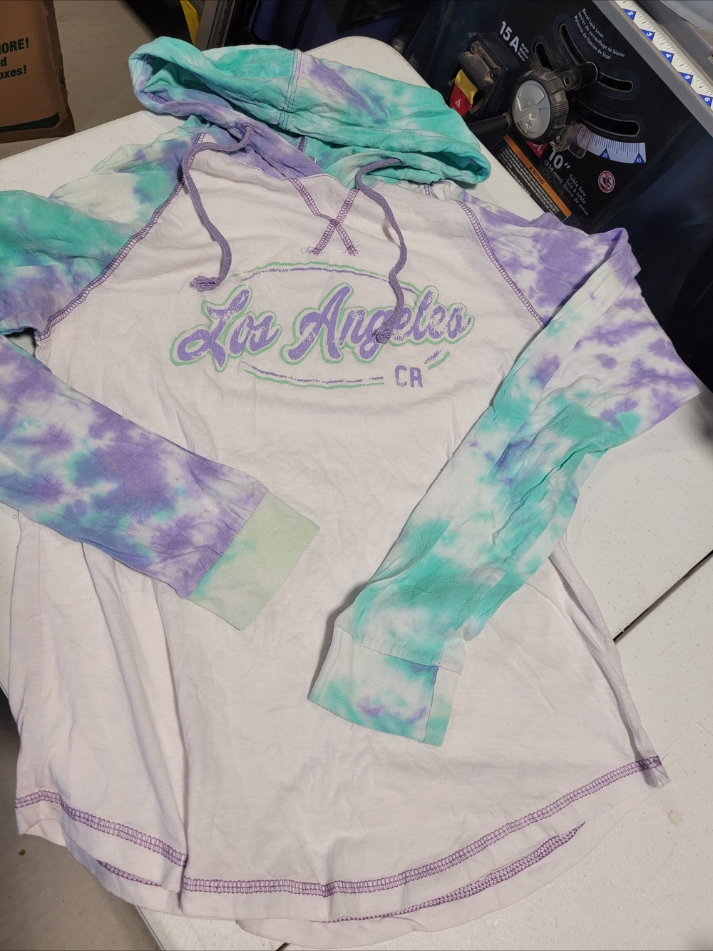 Los Angeles Tie-Dye Long Sleeve Hoodie Tee - Lavender & Aqua